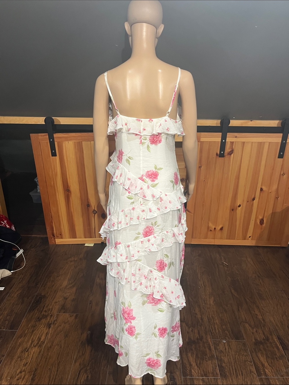White Floral Ruffle Maxi Dress with Pink Roses - Picture 3 of 6